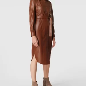 Am billigsten 👏 BOSS Midikleid In Leder-Optik Modell ‘Dalelli’ – Cognac 🌟 13